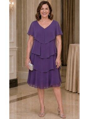 Patra Women's Sz 12 Purple Short Sleeve Tiered Layered Сocktail Party Dress